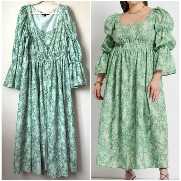 Eloquii 18 Floral Printed Tiered Bubble Sleeve Smocked Waist Midi Dress NEW - Picture 1 of 11